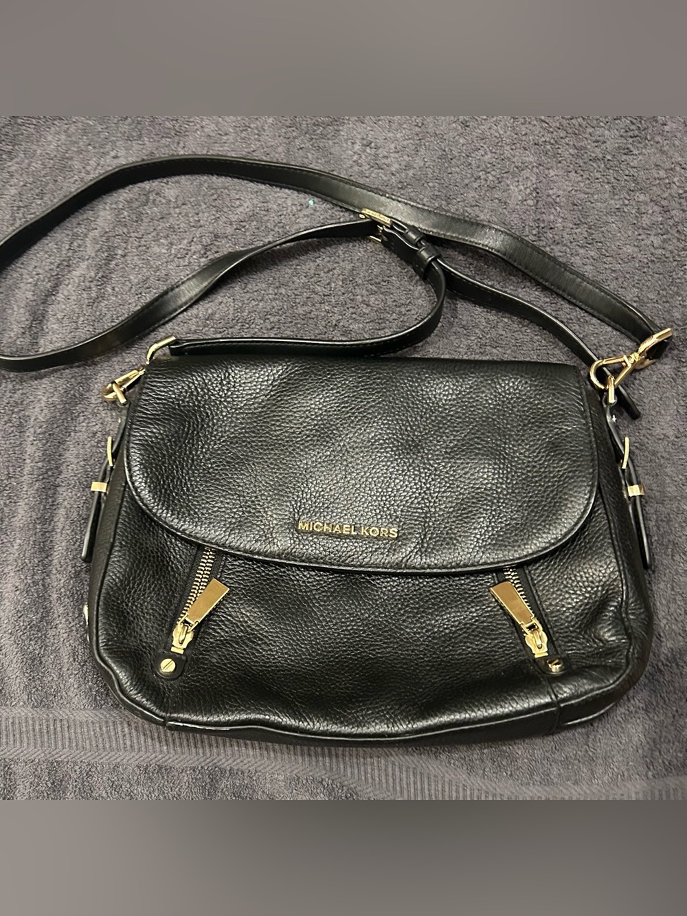 Michael Kors Black Pebbled Leather Flap Crossbody with Gold Hardware